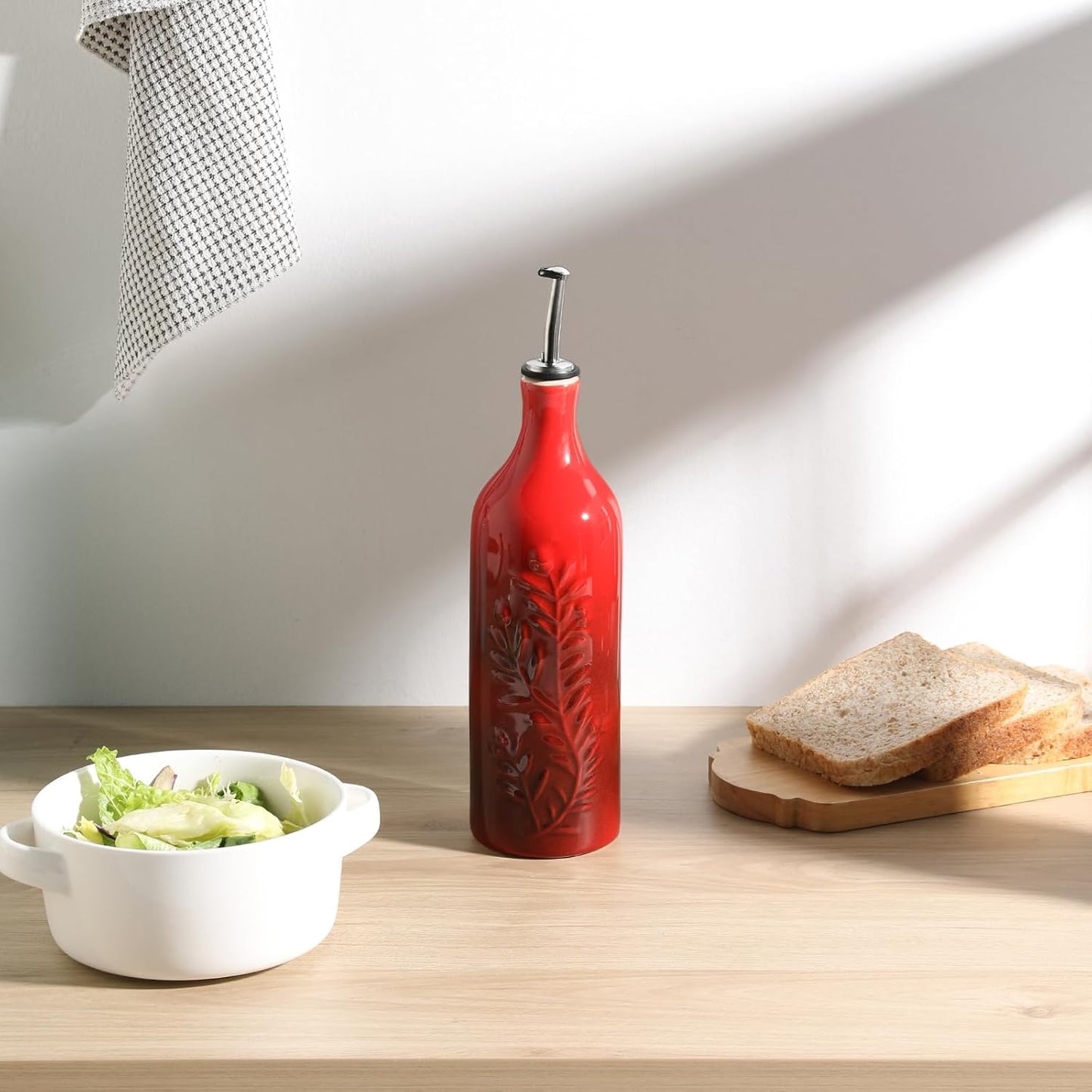 Sweejar Large Olive Oil Dispenser Bottle with Spout, 24 Oz Ceramic Dispenser for Kitchen, Relief Opaque Cruet, Container for Cooking, EVOO, Avocado Oil, Vinegar, Pack of 1(GradientRed)