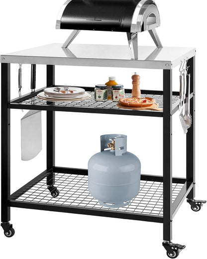 Stainless Steel Grill Cart with Cover Pizza Oven Stand with Water-Proof Cover Trolley Table with Wheels Three-Shelf Movable Food Prep and Work Cart Table Heavy Duty Grill Cart Outdoor 31.5"×24"×35.5"