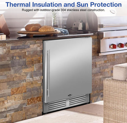 Tylza Outdoor Refrigerator 24 Inch Wide, Stainless Steel Beverage Refrigerator 176 Can for Undercounter Built-in or Freestanding, for Home and Patio, Water Proof, Fast Cooling, Low Noise, 37-65 °F