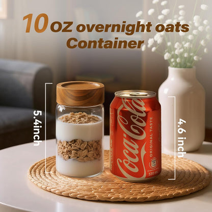 6-Pack 10 oz Airtight Food-Grade Glass Mason Jars with Acacia Wood Lids - Sealable, Waterproof & Stackable Canister Set for Overnight Oats, Dry Goods, Baking Supplies & Pantry Organization