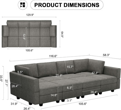 Belffin Modular Sectional Sleeper Sofa Bed Convertible Sectional Couches for Living Room. Light Grey Couch