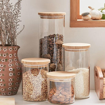 Glass Food Storage Jars, Glass Jars with Bamboo Lids, Kitchen Storage Jars, Canisters with Airtight Lids for Spice, Coffee, Cookie, Set of 5, Pantry Organizers
