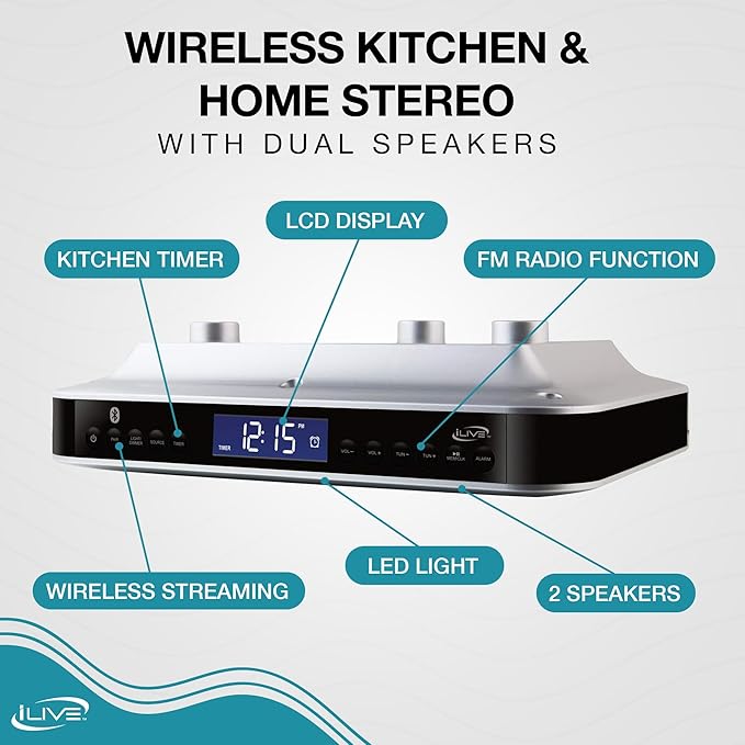 iLive Under Cabinet Bluetooth FM Radio for Kitchen, Wireless Stereo with Built-in Clock & Timer, 20 FM Presets, Negative LCD, 60-Ft Range, Under-Cabinet Mounting Hardware, AC Powered + Battery Backup