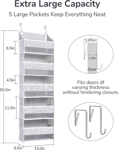 ULG 1 Pack Over Door Organizer with 5 Large Pockets 10 Mesh Side Pockets, Upgraded Linen Texture Over The Door Storage, 44 lbs Weight Capacity Hanging Storage Organizer, Light Gray