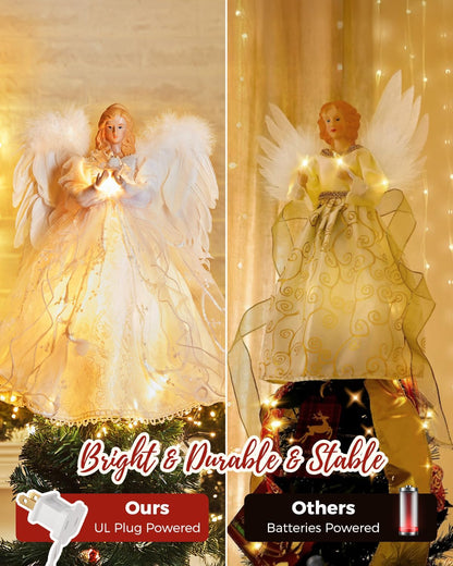Christmas Tree Topper Angel with Lights, Xmas Tree Toppers Decorations Ornament with White Feather Wings, Plug in Christmas Tree Angel Treetop for Indoor Office Holiday