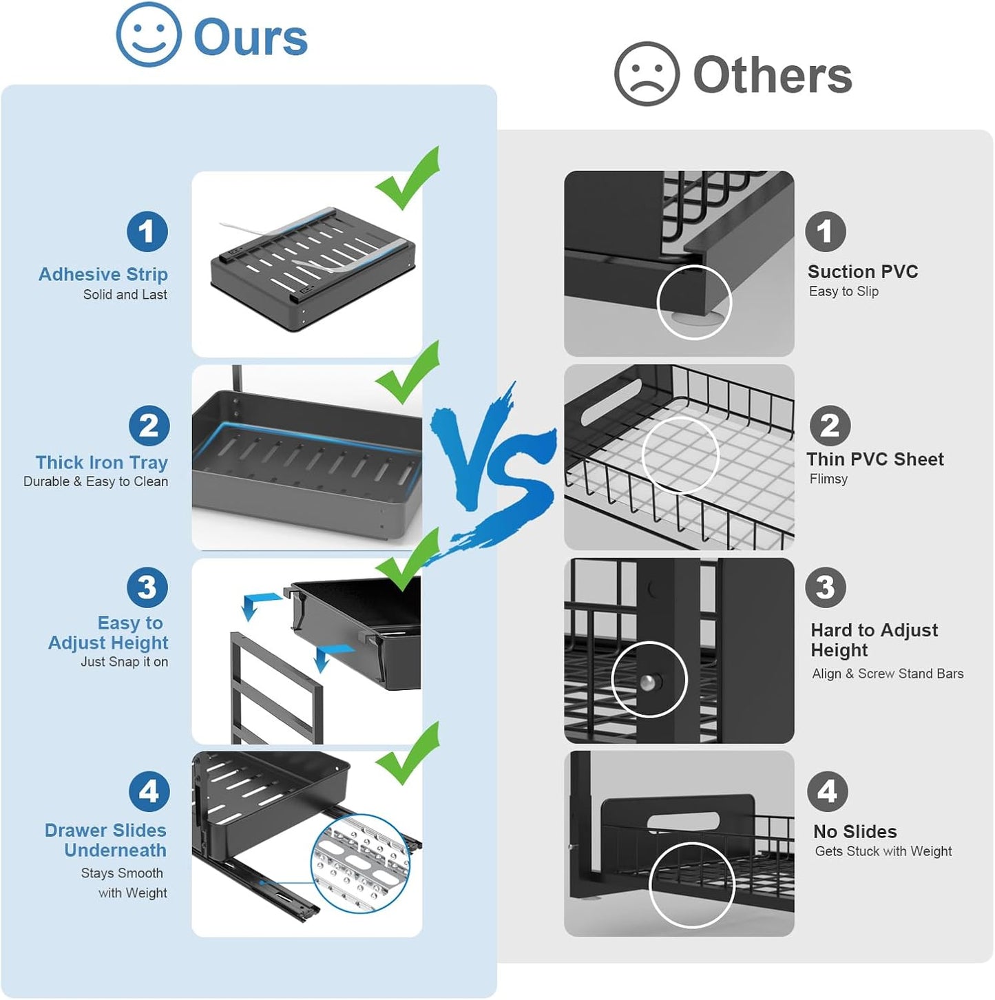 EVERIE Height Adjustable 2 Tier Metal Pull Out Slide Shelf Organizer for Under Sink Cabinets in Kitchen, Bathroom, with Snap-on Top Tray, 16" Deep (Black, 2 Sets)