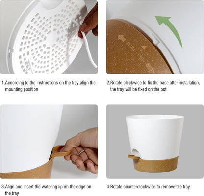 Self Watering Pots for Indoor Plants,12 inch Planters with Drainage Holes Plastic Flower Pots with Deep Reservoir, White with Brown