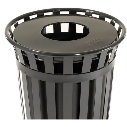 Global Industrial 36 Gallon Outdoor Slatted Steel Round Trash Can with Flat Lid, Plastic Liner & Anchor Kit Included, 28" W x 36" H, Commercial & Industrial Trash Can, Black