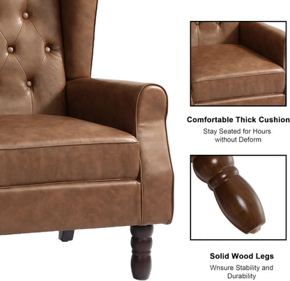 Accent Chair, Upholstered Armchair with Button Tufted High Back & Solid Wood Legs, Comfy Wingback Reading Single Sofa Chair for Small Spaces, Living Room, Bedroom (Leather Brown, Set of 1)