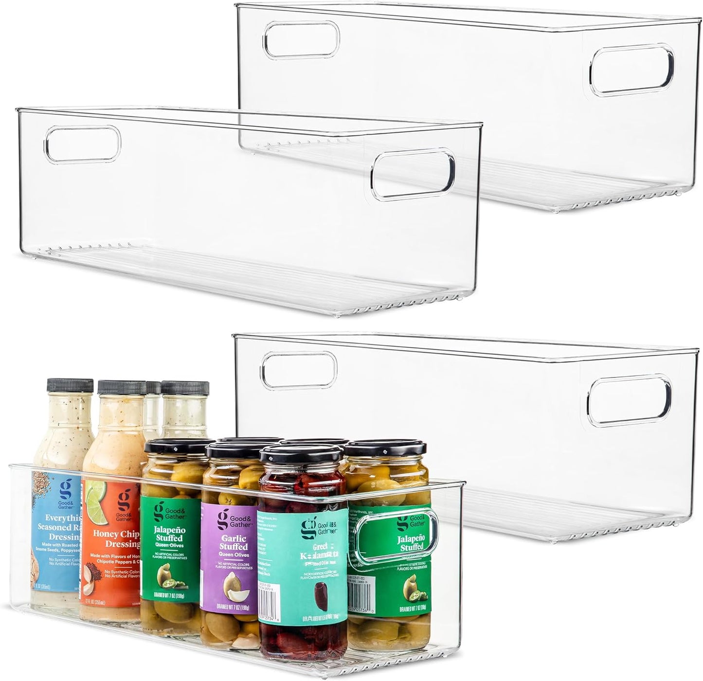 Plastic Food Storage 4 Pack Clear Container Bin with Handles for Organizing Kitchen, Pantry, Fridge, Freezer, Pantry, Bathroom. 14"x6"5"