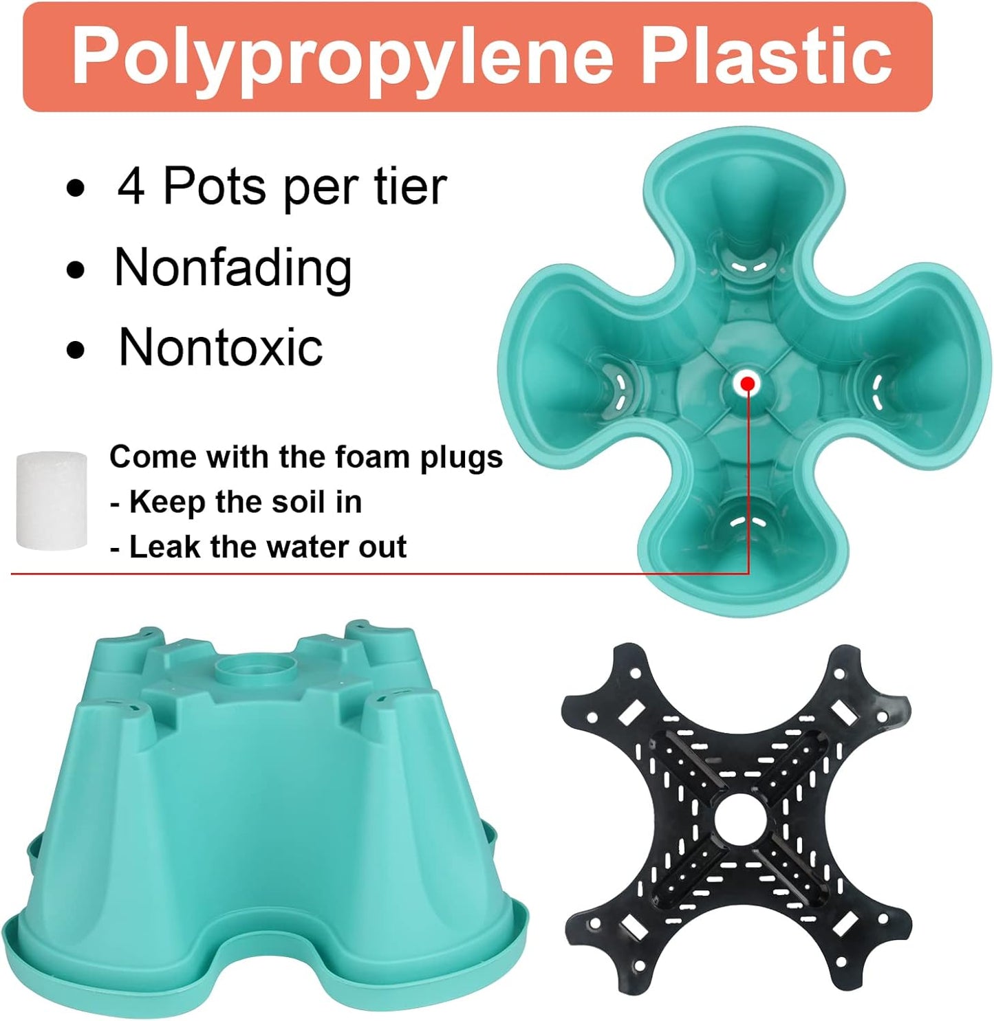 DUNCHATY Stackable Planter, Vertical Garden Planter with Wheels and Tools, Self Watering Strawberry Planter Indoor/Outdoor 4 Tier Herb Planter Pots for Growing Vegetables and Succulents, Teal