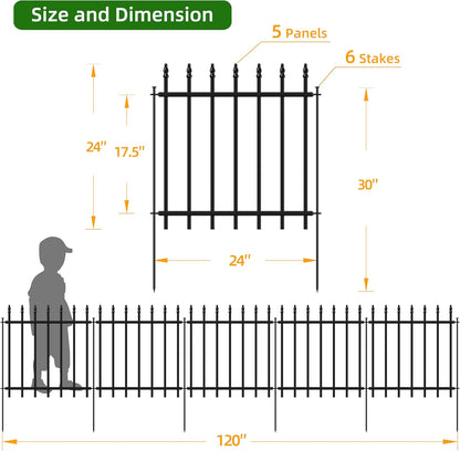 Decorative Metal Garden Fence 24 in H x 10 ft L, Border Fence Panels Animal Barrier for Dogs, No Dig Garden Fencing for Yard Patio Flower Bed Lawn Outdoor 5 Panels + 6 Stakes Black