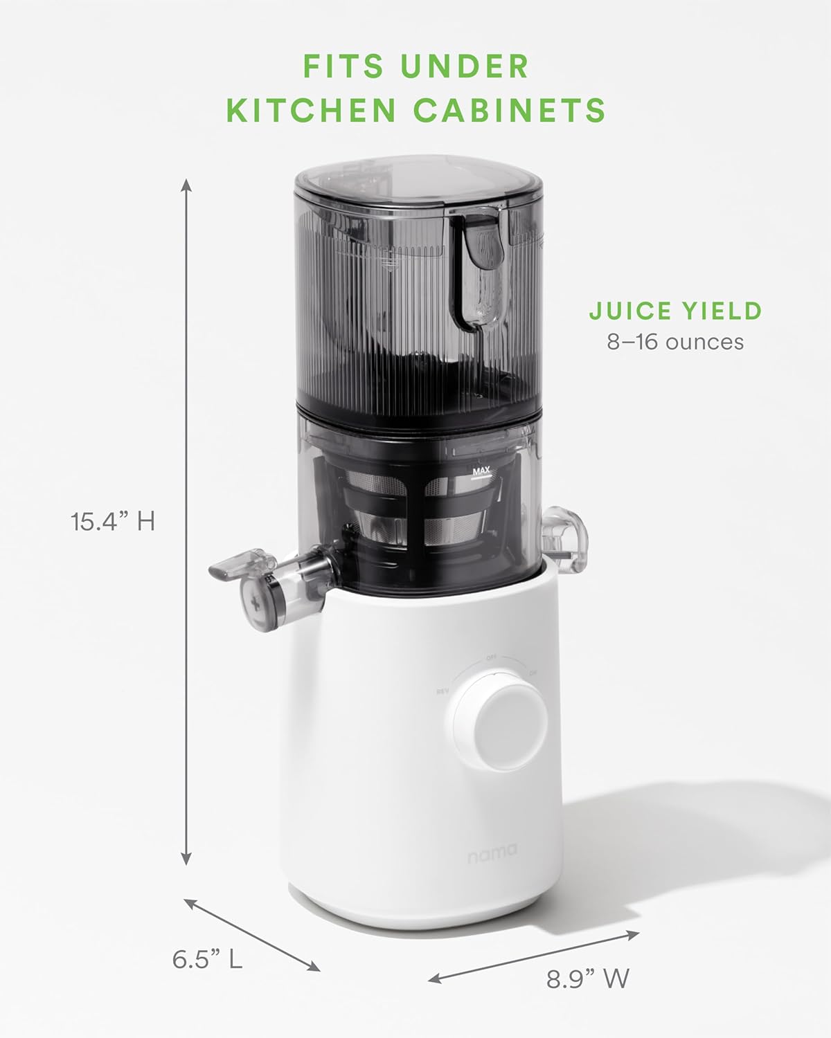 Nama J3 Compact Cold Press Juicer – Space Saving & Self Feeding for Hands-Free Operation – Lightweight, Portable Zero Waste Slow Masticating Juicer – Easy Cleanup & Assembly - White