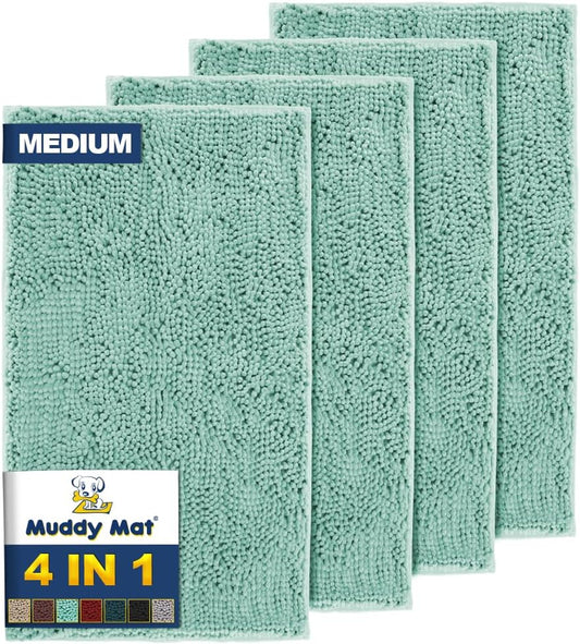 Muddy Mat® 4-Piece Seafoam Green Medium 30"X19" AS-SEEN-ON-TV Highly Absorbent Microfiber Door Mat, Bath Mat and Pet Rug, Non Slip Thick Washable, Soft Chenille for Kitchen Bedroom Indoor and Outdoor