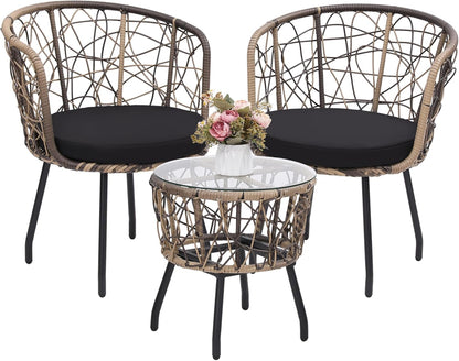 Kromax 3 Piece Bistro Set, Modern Outdoor Wicker Patio Furniture with Tempered Glass Table Top and 2 Chairs, Washable Cushions, Natural Rattan and Black Cushion