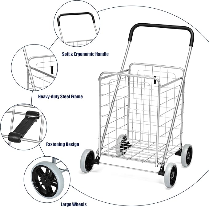 Goplus Shopping Carts for Groceries, Heavy Duty Folding Shopping Cart with Wheels, Portable Collapsible Grocery Cart, Light Weight Foldable Utility Cart for Laundry Silver