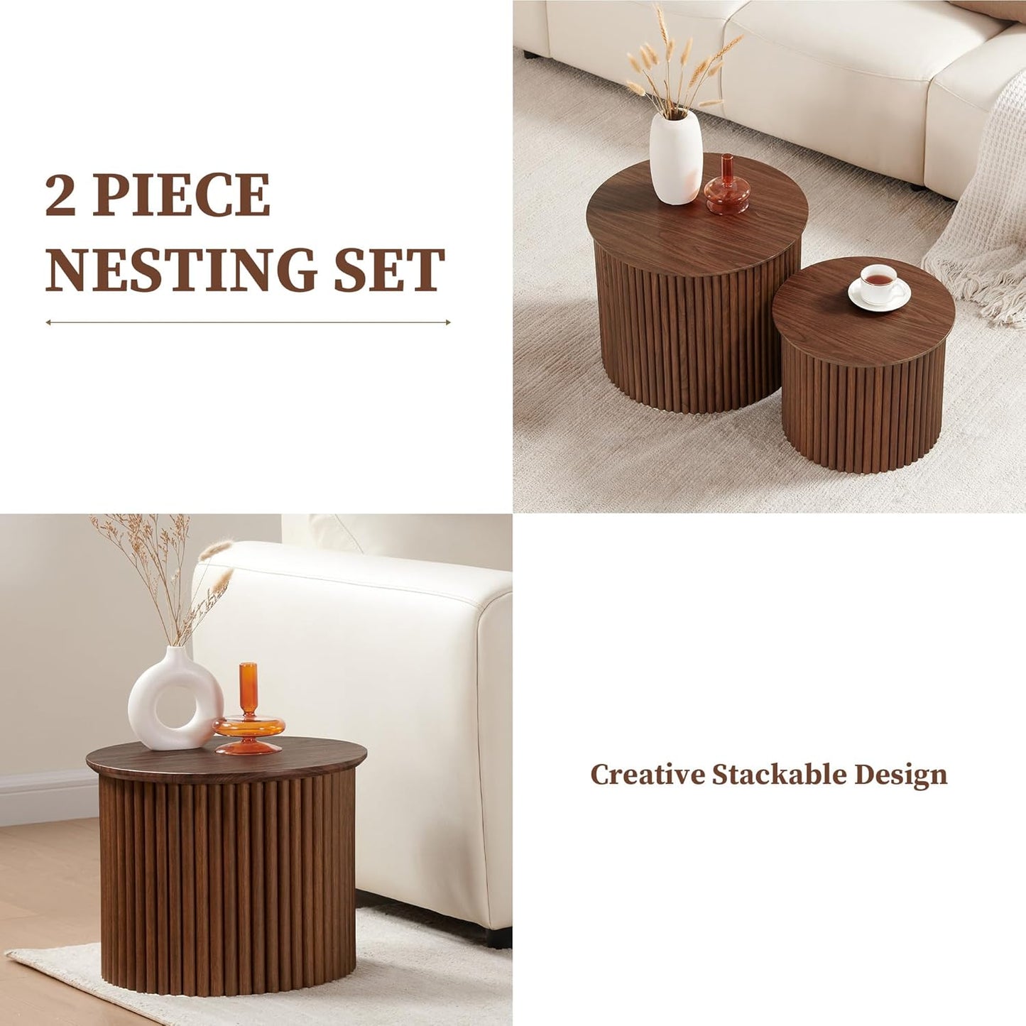 Small Fluted Round Nesting Coffee Table Set of 2, Mid Century Modern Coffee Table Circle Side Table, Wood Nesting Table Farmhouse End Tables Set for Living Room, Bedroom, Small Spaces(Walnut