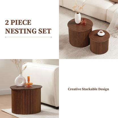 Small Fluted Round Nesting Coffee Table Set of 2, Mid Century Modern Coffee Table Circle Side Table, Wood Nesting Table Farmhouse End Tables Set for Living Room, Bedroom, Small Spaces(Walnut