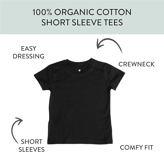 HonestBaby 5-Pack Short Sleeve T-Shirts 100% Organic Cotton Baby, Toddler, Little Kid, Boy, Girl, Unisex