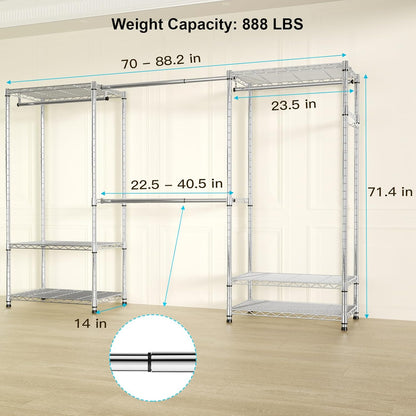 Ulif E1 Heavy Duty Closet Garment Rack, 6 Tiers Adjustable Metal Freestanding Expandable Clothing Storage with 4 Hanger Rods, Easy to Assemble Wardrobe, 71.4" H x (70" - 88.2") L x 14" D, Chrome
