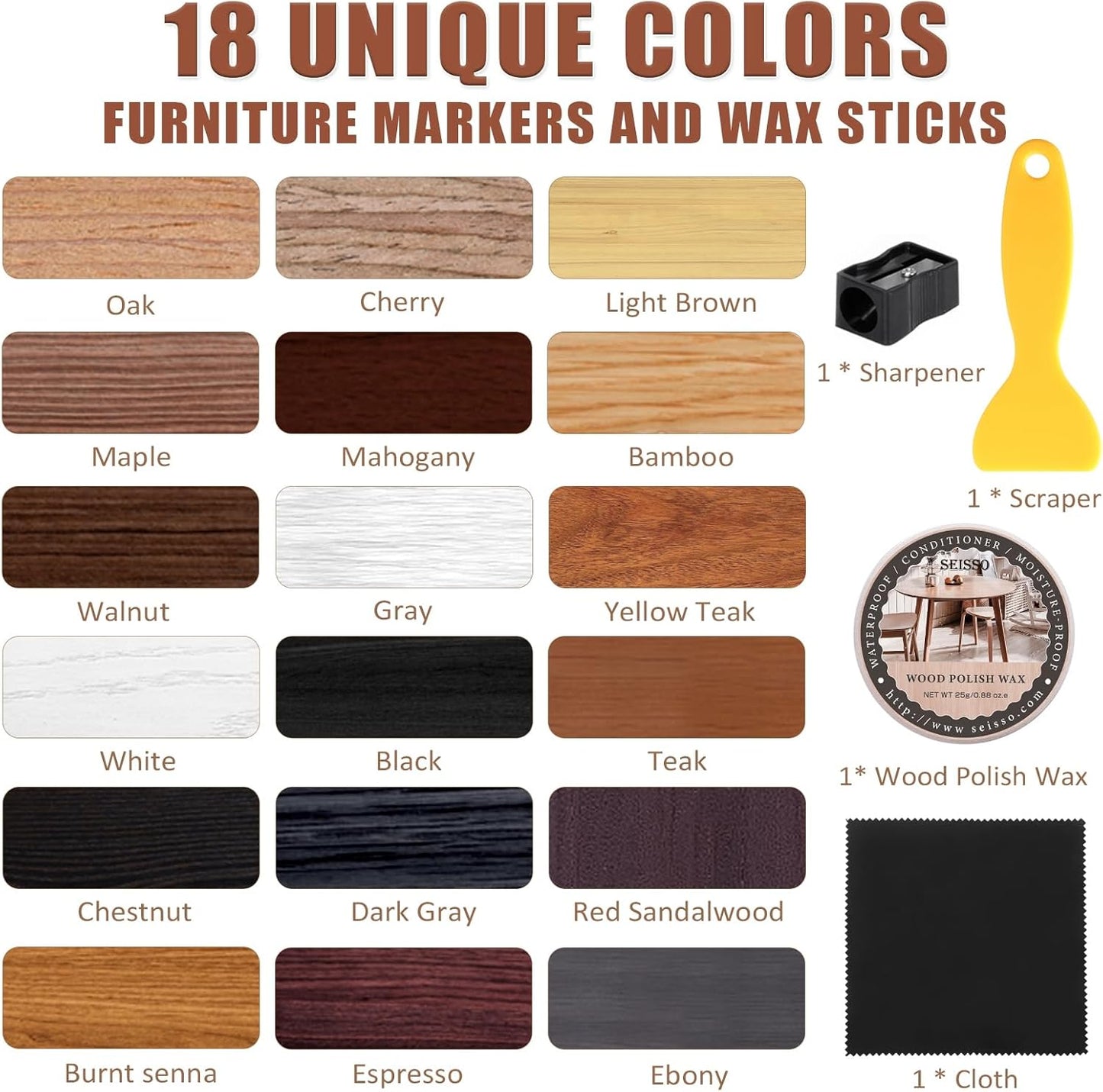 SEISSO Furniture Repair Kit, 18 Colors Touch Up Markers and Wood Filler Sticks with Wood Polish Wax - Furniture Touch Up Kit Cover Up Scratches, Stains, Holes for Wooden Table, Cabinet, Floors, Door