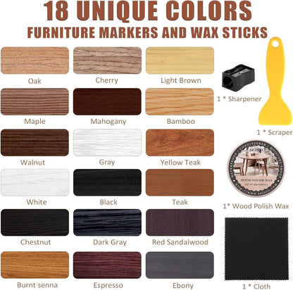 SEISSO Furniture Repair Kit, 18 Colors Touch Up Markers and Wood Filler Sticks with Wood Polish Wax - Furniture Touch Up Kit Cover Up Scratches, Stains, Holes for Wooden Table, Cabinet, Floors, Door