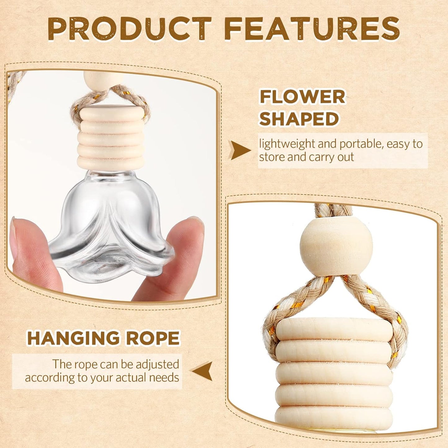 BBTO 50 Pcs Hanging Car Air Freshener Car Diffuser Bottles Empty Glass Perfume Bottle Freshener Diffuser Bottle Pendant for Essential Oil Fragrance Aromatherapy Bottle Ornament(Rose)