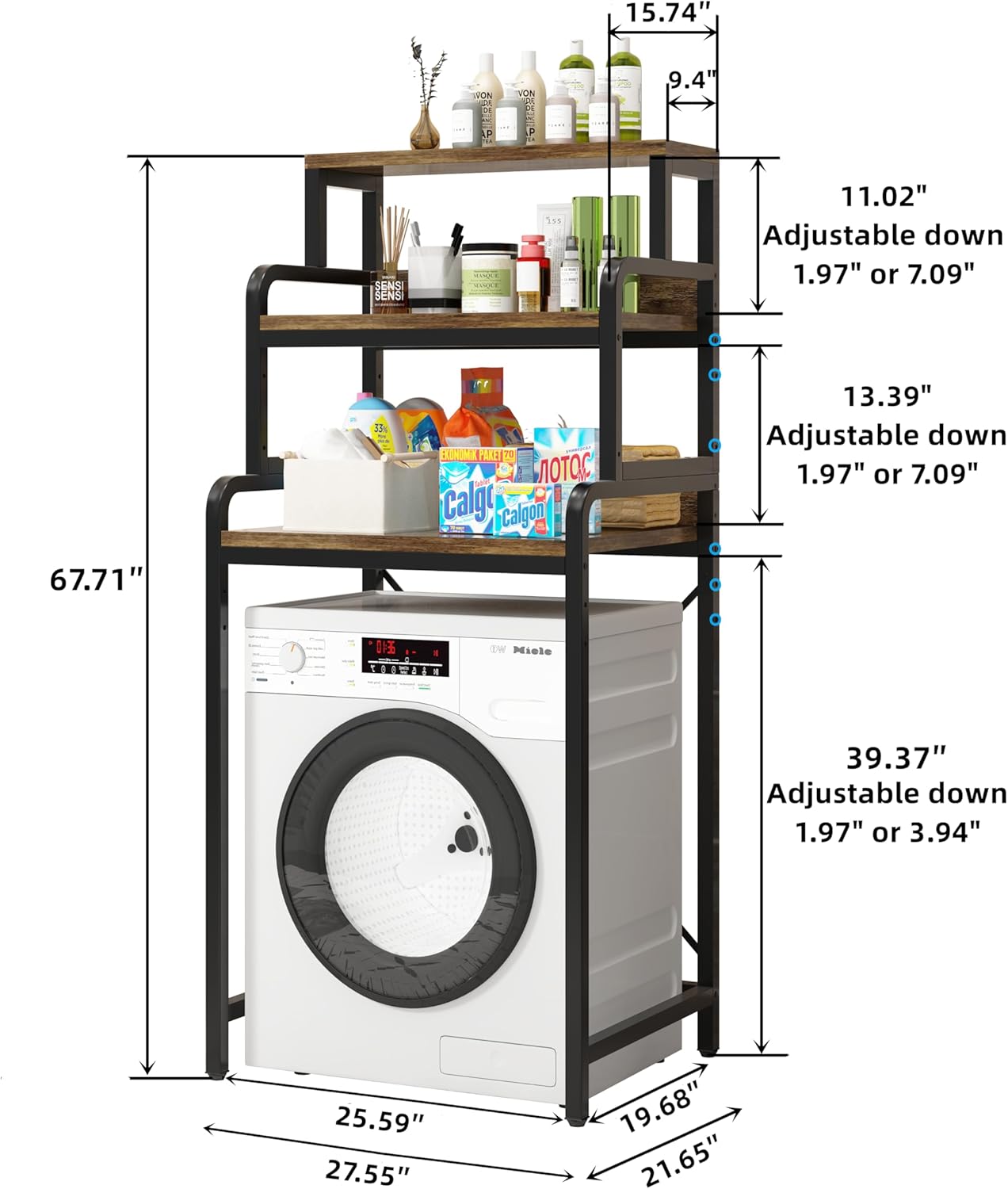 3-Tier Bathroom Room Shelf Washing Machine Storage Utility Rack Over The Toilet Washer Dryer Storage Bathroom Organizer Rack Space Saving Shelving Units Clothes Dryers Shelf