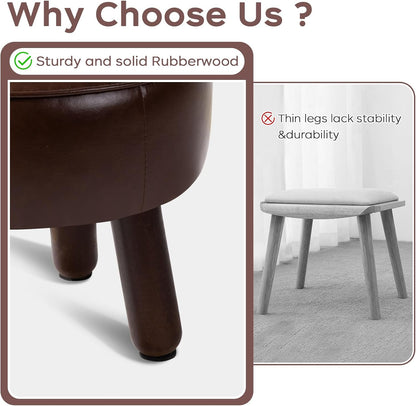 Small Foot Stool Ottoman, Round Pouf Foot Rest, Footstool Ottomans with Rubber Legs Under Desk, Faux Leather Footrest for Couch, Living Room, Bedroom, Office, 13''L x 13''W x 10.2''H, Coffee