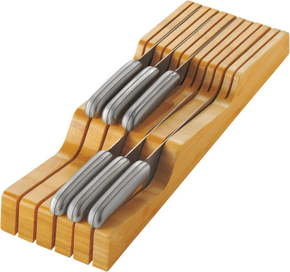 In-Drawer Knife Block - Bamboo Knife Drawer Organizer for Kitchen - Fits 5 Long + 6 Short Knives - Store Knives with Blades Pointing Down - Wooden Steak knife Holder without Knives - Chef Gift Idea