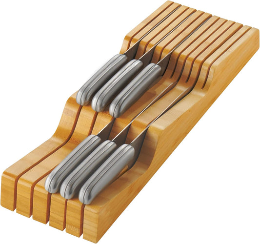 In-Drawer Knife Block - Bamboo Knife Drawer Organizer for Kitchen - Fits 5 Long + 6 Short Knives - Store Knives with Blades Pointing Down - Wooden Steak knife Holder without Knives - Chef Gift Idea