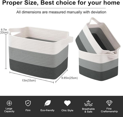 OIAHOMY Storage Basket, Woven Baskets for Storage, Cotton Rope Basket for toys,Towel Baskets for Bathroom - Pack of 3, Gradient Dark Gray