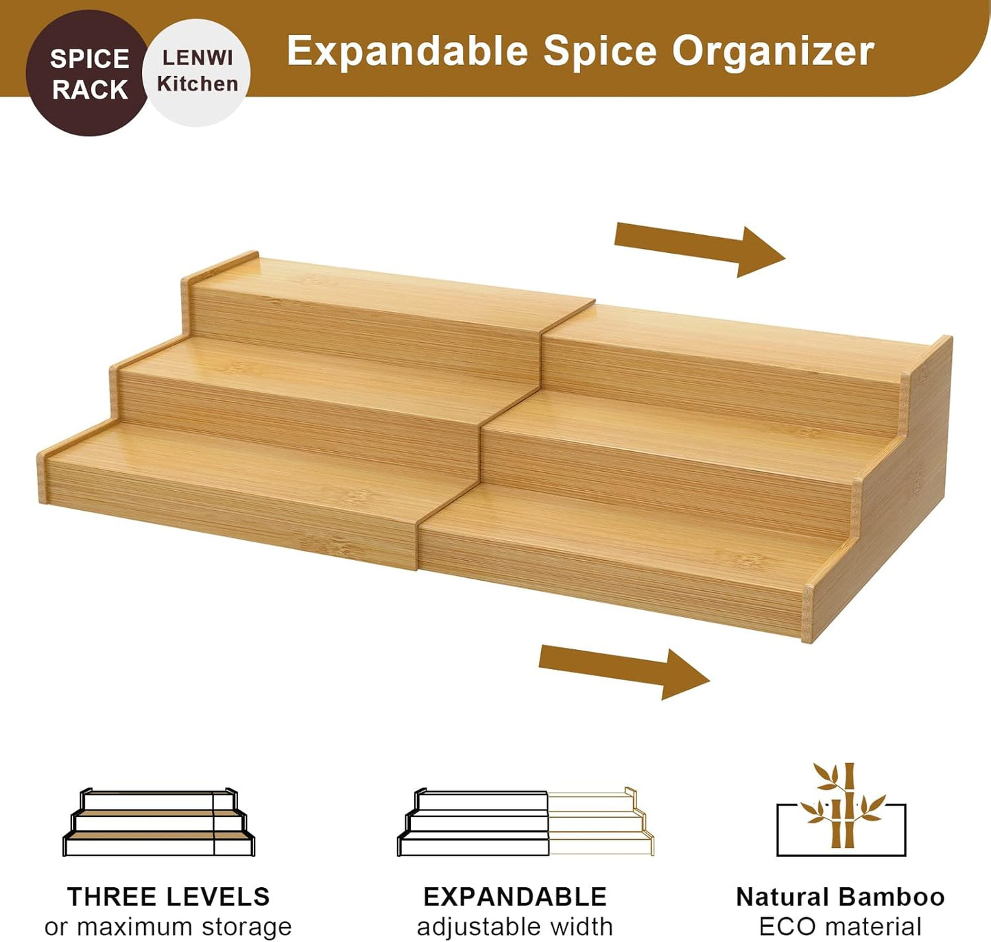 Spice Rack Organizer for Cabinet, 3 Tier Expandable Bamboo Spice Storage, Great for Kitchen Cabinet, Cupboard,Pantry and More