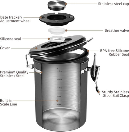 Veken Coffee Canister with Window,Airtight Stainless Steel Kitchen Food Storage Container, Date Tracker & Scoop for Grounds Coffee, Beans, Tea, Flour, Cereal,Sugar,22OZ,Grey