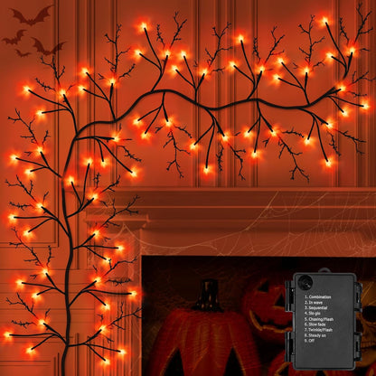 7 Ft Halloween Decorations Willow Vine Twig Garland with 8 Modes Timer 63 LED Orange Lights, Halloween Garland with Waterproof Battery Operated for Wall Fireplace Decorations Indoor Outdoor