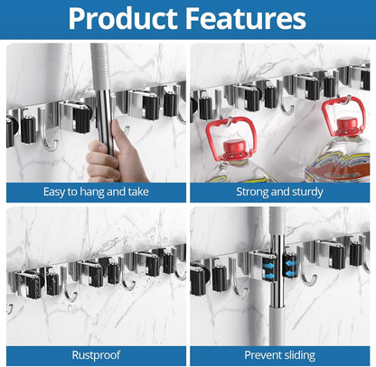 2 Pack Broom Holder Wall Mount Mop and Broom Hanger Broom Organizer Storage Tool Racks Stainless Steel Heavy Duty for Kitchen Garden Laundry Garage (5 Racks with 4 Hooks)