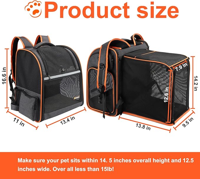 Texsens Cat Backpack Expandable Pet Carrier - Pet Backpack Carrier for Medium Cats and Small Dogs - Great for Travel, Hiking & Outdoor Activities