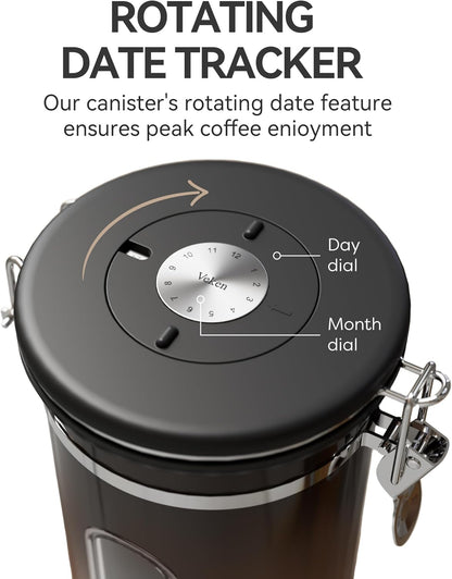 Veken Coffee Canister with Window,Airtight Stainless Steel Kitchen Food Storage Container, Date Tracker & Scoop for Grounds Coffee, Beans, Tea,Flour,Cereal,Sugar,22OZ,Copper