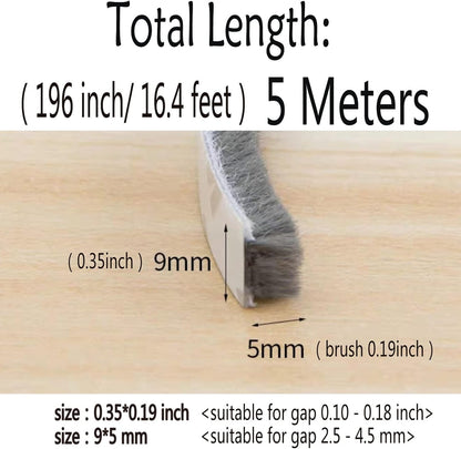 Weather Stripping Brush for Sliding Windows/Doors Frame Side,Pile Self Adhesive Weatherstrip Seal Strip Sealer Draft Stoppers (16.5ft x11/32 x 3/16 Brush inch, Grey)