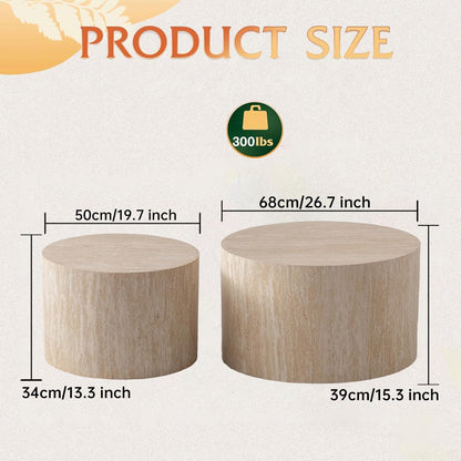 Round Nesting Coffee Table Modern Fluted Coffee Table Set of 2 Circle Drum Coffee Tables Small Round Accent Side End Table for Living Room No Assembly (Travertine 26in)