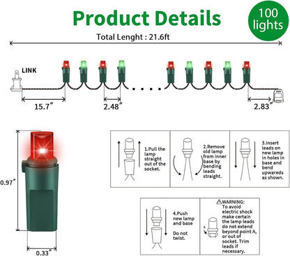 100 Count Red and Green - String Lights - 21.6FT LED Christmas Lights, Mini led Lights for Indoor Outdoor Home Holiday Party Wedding Independence Day Decoration
