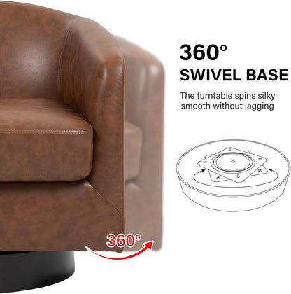 Swivel Barrel Accent Chair, Modern Round Faux Leather Arm Chair for Living Room, Bedroom, Comfy Club Reading Chairs for Adults(Faux Leather, Coffee, Set of 1)