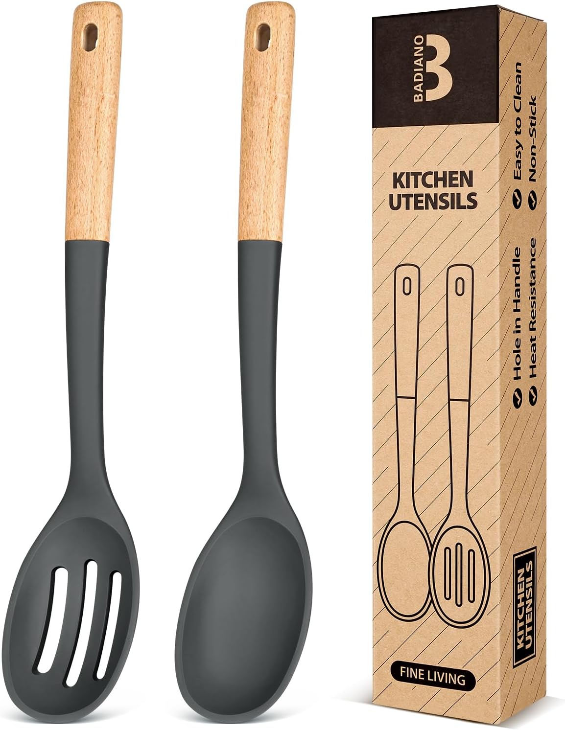 Silicone Cooking Spoons, Great for Scooping Sides and Serving Hearty Stews, BPA-Free Matte Silicone, Wooden Handle Serving Spoon for Nonstick Cooking Surfaces (Grey)