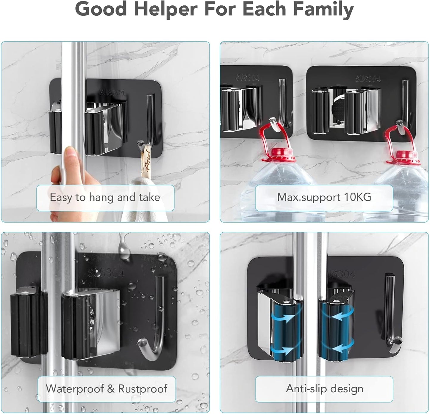 Mop Broom Holder No Drill, Mop Broom Organizer Wall Mounted Heavy Duty with Hooks Hanger, Self Adhesive Stainless Steel 4Pcs for Bathroom, Kitchen, Office (Multicolor)