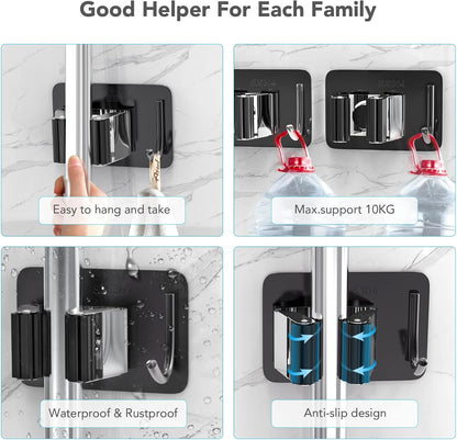 Mop Broom Holder No Drill, Mop Broom Organizer Wall Mounted Heavy Duty with Hooks Hanger, Self Adhesive Stainless Steel 4Pcs for Bathroom, Kitchen, Office (Multicolor)