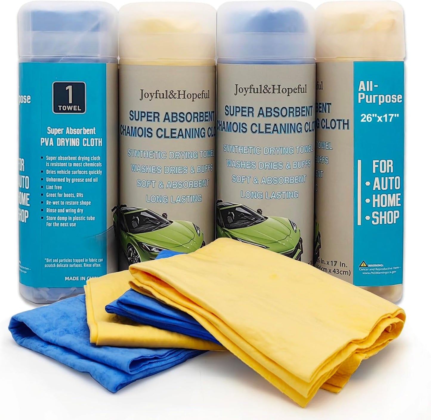 JOYFUL&HOPEFUL Car Shammy Cloth for Cleaning 4pk,26"x17",Absorber Synthetic Drying Chamois for Car,Reusable,Ultra Soft,Spot-Free,Scratch-Free,Lint-Free Chamois Towel