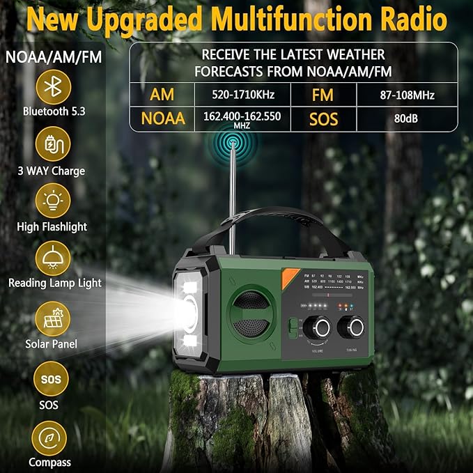 30000mAh Emergency Weather Radio with Wireless Speaker, 111000mWh NOAA/AM/FM Hand Crank Solar Radio with Flashlight Cell, Phone Charger, Compass, Reading Lamp, SOS Alarm