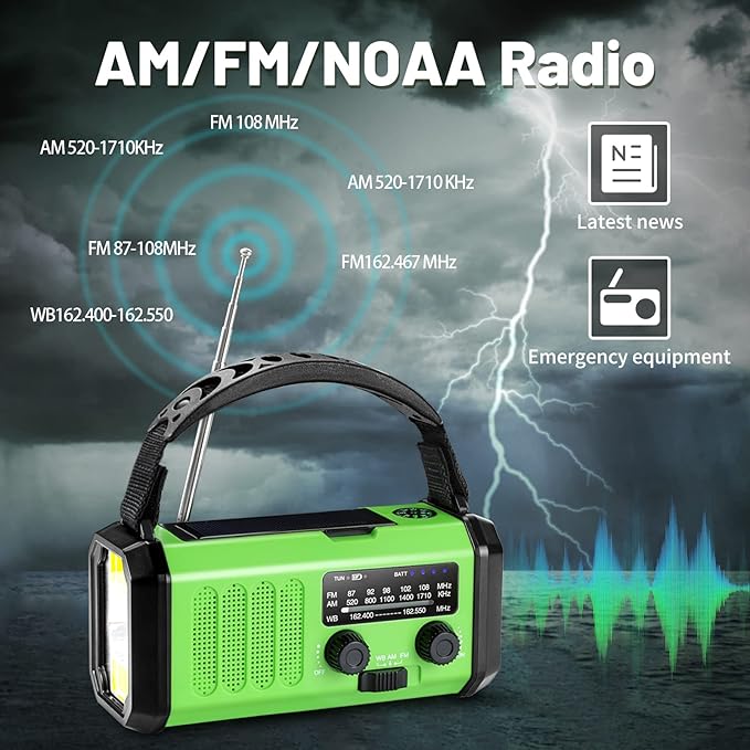 Emergency Hand Crank Radio with 10000mAh/37000mWh Battery Backup, AM FM NOAA Weather Radio, Type-C Charge,Solar Radio,SOS, 3 Modes LED Flashlight，Reading Lamp, Compass for Outdoor Survival