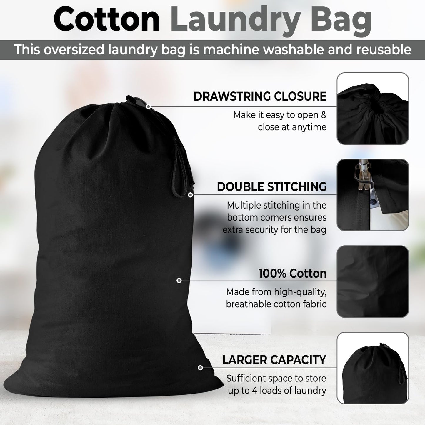 2 Pack - Extra Large Cotton Laundry Bag, Heavy Duty Large Laundry Bags 24 x 36 inch XL Drawstring Travel Organizer Bag Fit Hamper Basket Camp (Dark Grey, Pack of 2)