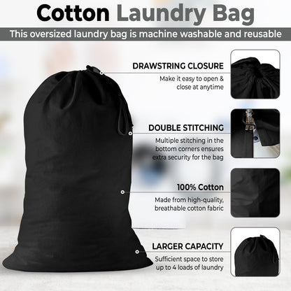 2 Pack - Extra Large Cotton Laundry Bag, Heavy Duty Large Laundry Bags 24 x 36 inch XL Drawstring Travel Organizer Bag Fit Hamper Basket Camp (Dark Grey, Pack of 2)